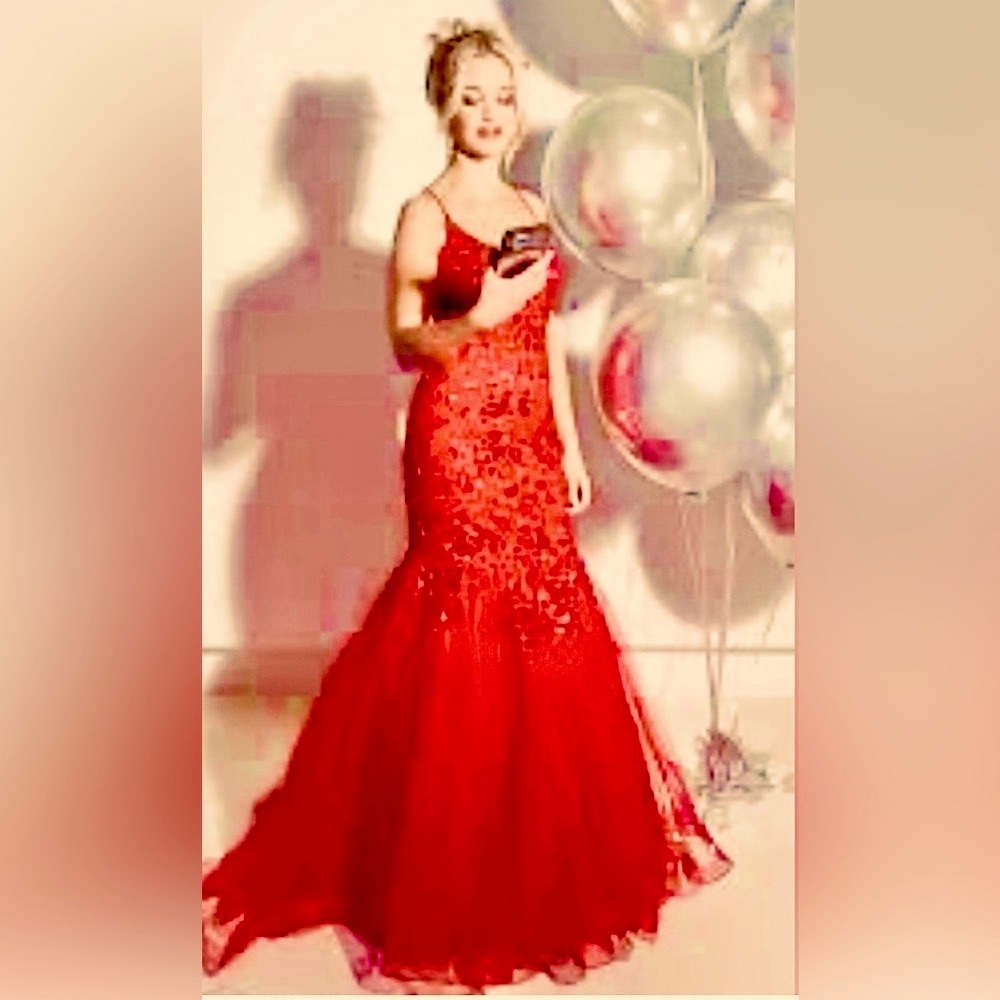 Camille La Vie Beaded Embroidered
Strappy Back Lace-Up Tulle Mermaid Dress B2